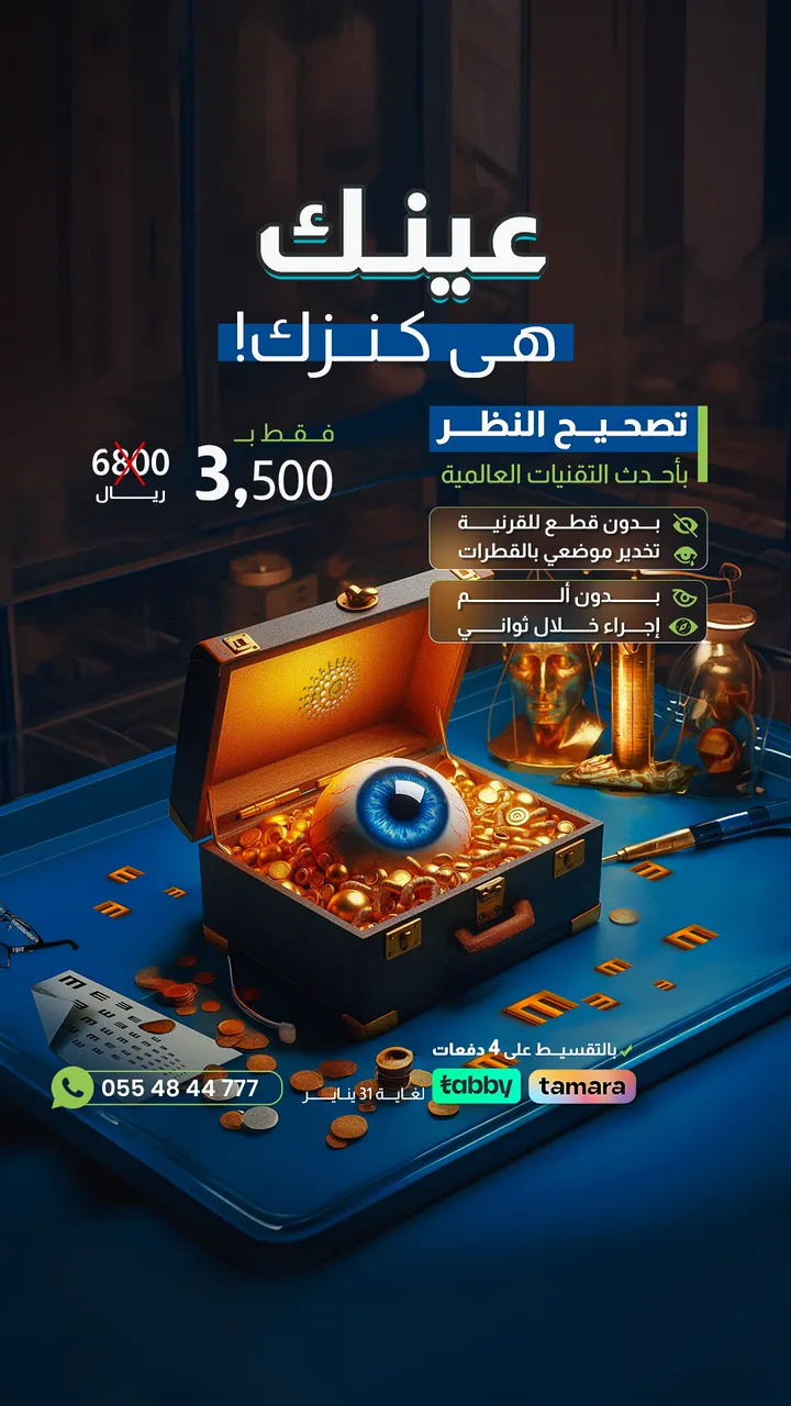 بوستر عرض تصحيح النظر بعنوان «عينك هي كنزك»: عين زرقاء داخل صندوق كنز مليء بالذهب على طاولة زرقاء، وفوقها سعر العرض ومزاياه، وتحتها رقم الحجز وخيارات التقسيط.